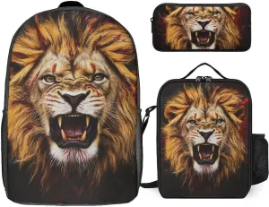 Travel Backpack Set, 17 Inch College Backpack with Thermal Lunch Bag Lion Blood Art Pencil Pouch Casual Bookbag Insulated Meal Bag