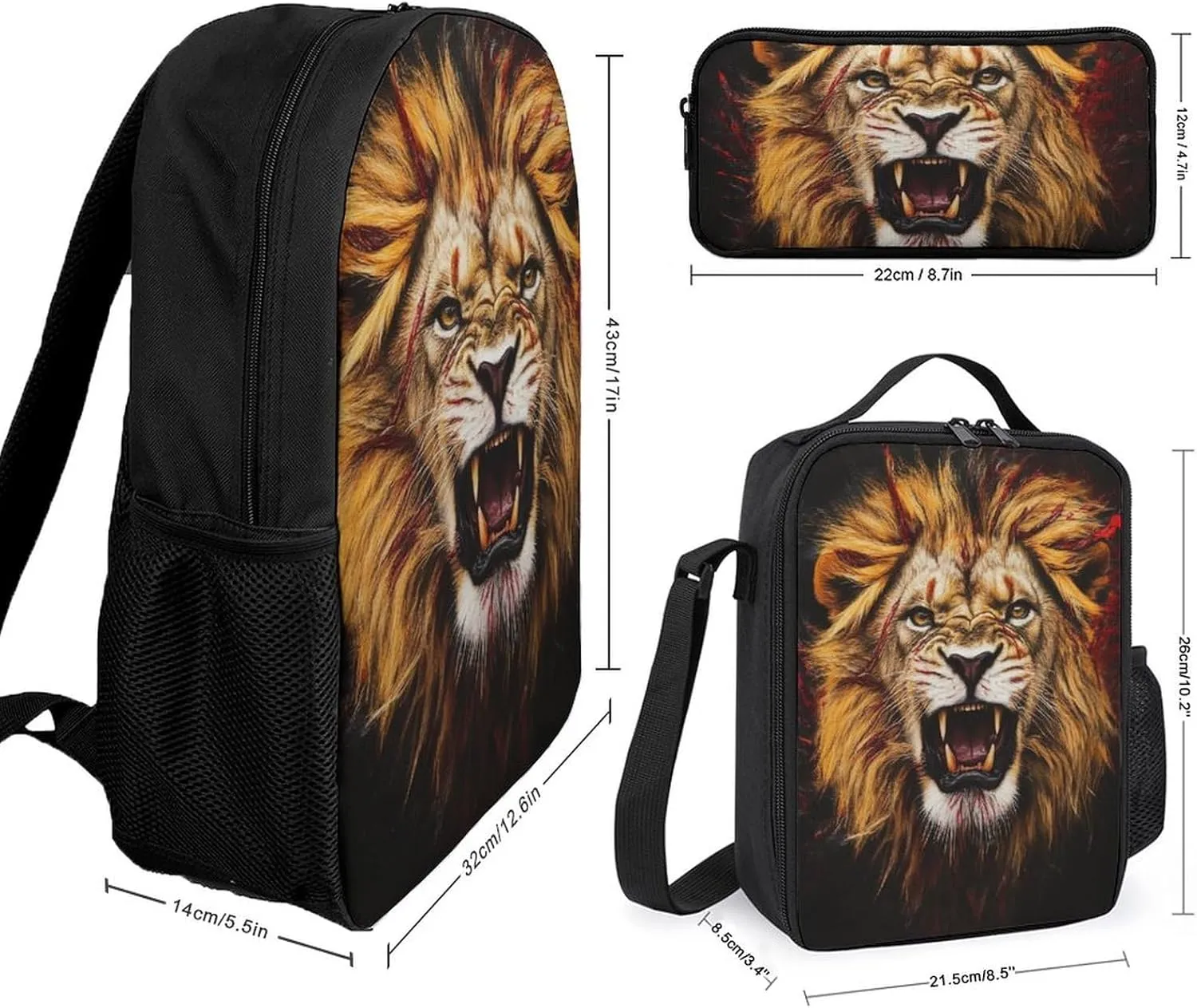 Travel Backpack Set, 17 Inch College Backpack with Thermal Lunch Bag Lion Blood Art Pencil Pouch Casual Bookbag Insulated Meal Bag