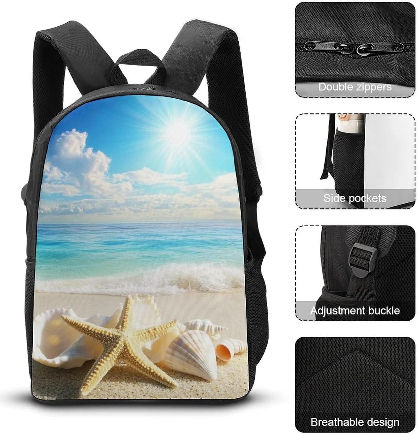 Travel Backpack Set, 17 Inch College Backpack with Thermal Lunch Bag Turquoise Ocean Sea Beach Gold Sand Sunshine Starfish Sea Conch Seashell Pencil Pouch Casual Bookbag Insulated Meal Bag