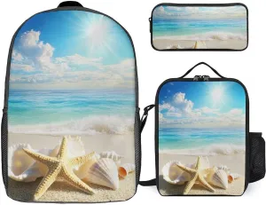 Travel Backpack Set, 17 Inch College Backpack with Thermal Lunch Bag Turquoise Ocean Sea Beach Gold Sand Sunshine Starfish Sea Conch Seashell Pencil Pouch Casual Bookbag Insulated Meal Bag
