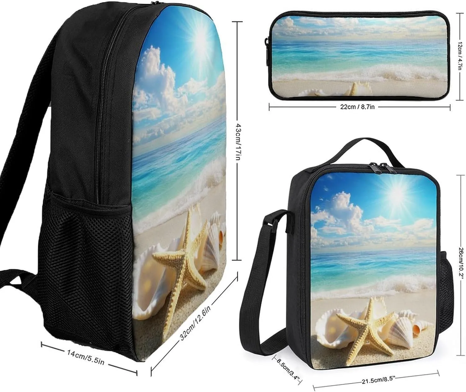 Travel Backpack Set, 17 Inch College Backpack with Thermal Lunch Bag Turquoise Ocean Sea Beach Gold Sand Sunshine Starfish Sea Conch Seashell Pencil Pouch Casual Bookbag Insulated Meal Bag