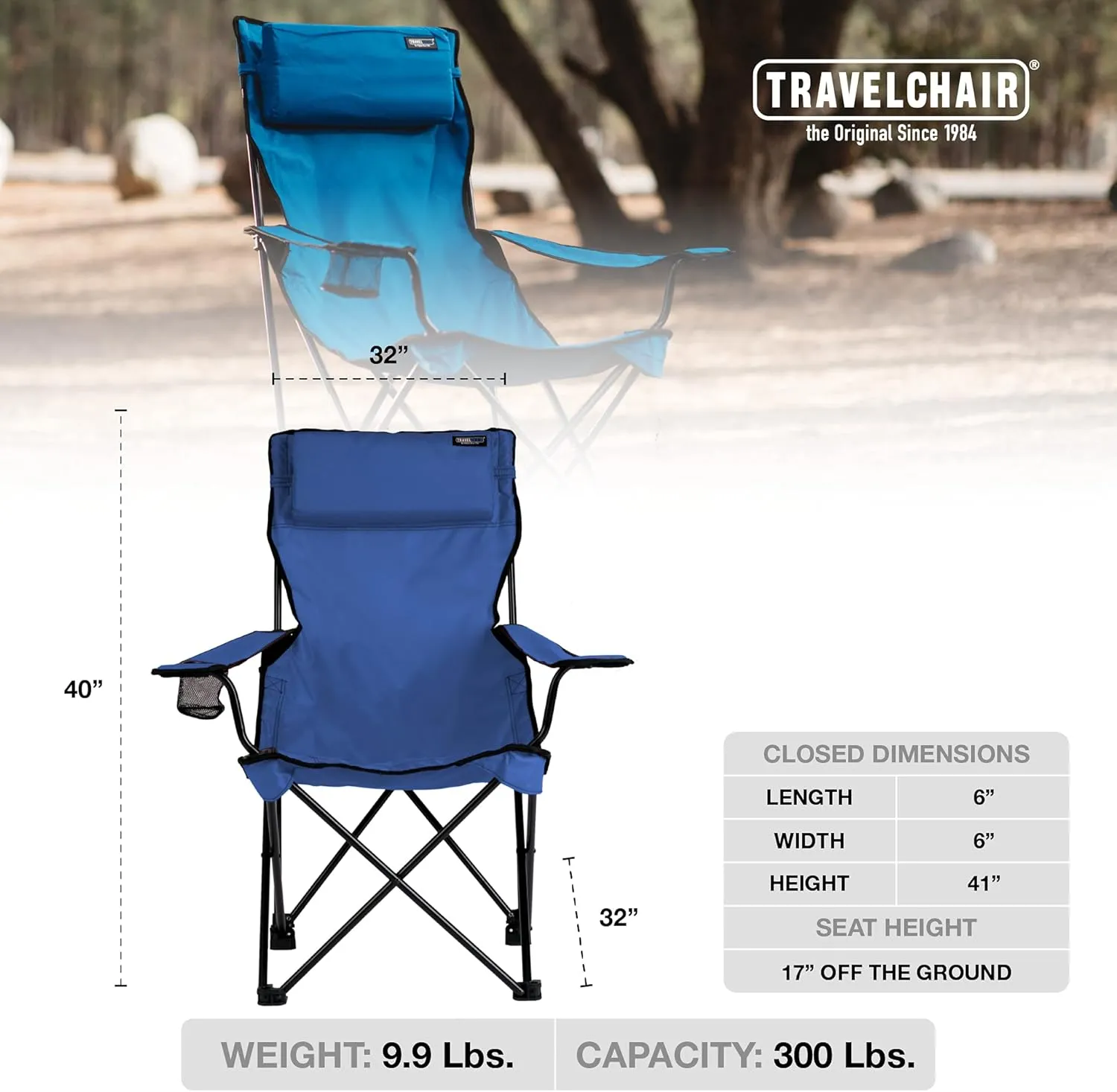 Travel Chair Classic Bubba Chair with Adjustable Pillow, Large Folding Chair for the Outdoors, 300-Pound Capacity, Blue, One Size