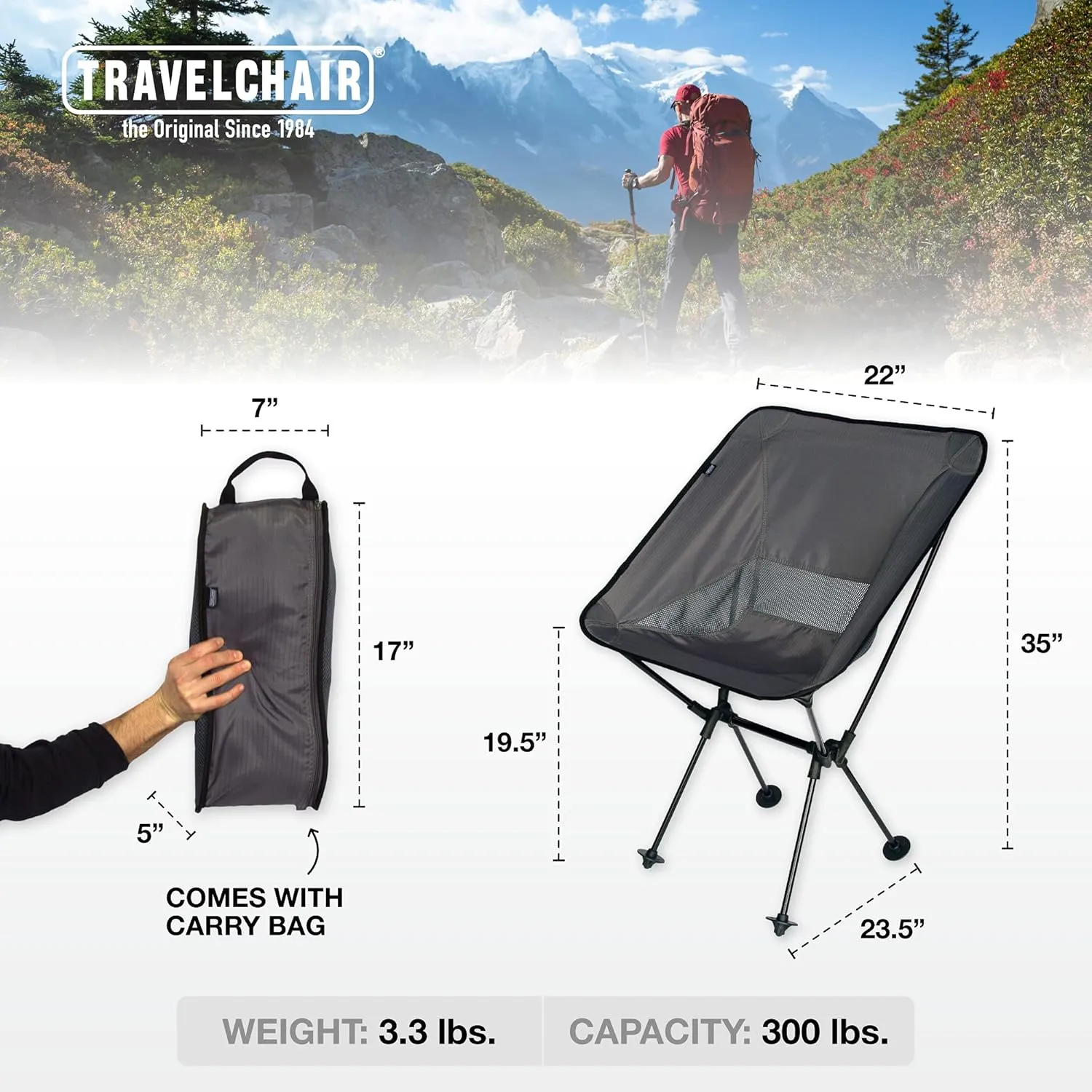 TravelChair Roo Camping Chair, Wide & High, Black
