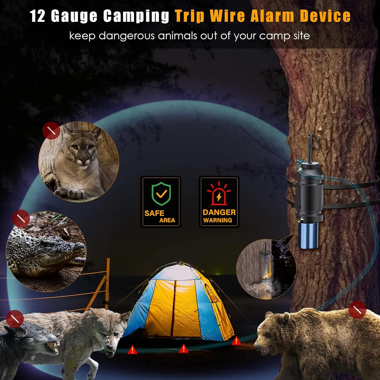 Trip Alarm, Perimeter Trip Alarm, 12 Gauge Camping Trip Wire Alarm Device, Early Warning Security System for Camping and Property Safety/Bear Deterrent,Camping Safety Trip Alarm（Adapter Not Included