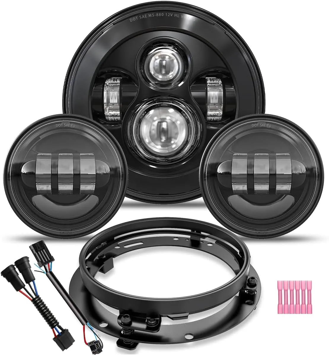 TRUCKMALL 7 inch LED Headlight, 4.5’’ Fog Passing Lights, with Mounting Ring for Touring Road King Ultra Classic Electra Street Glide Tri Cvo Heritage Softail Slim Deluxe Fatboy Black