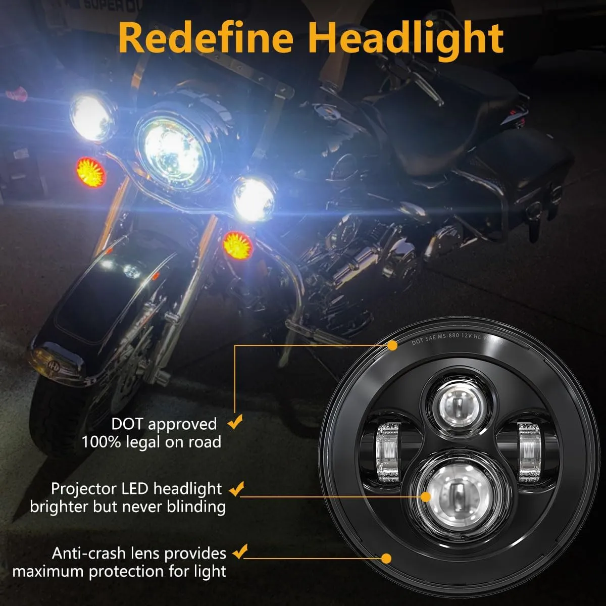 TRUCKMALL 7 inch LED Headlight, 4.5’’ Fog Passing Lights, with Mounting Ring for Touring Road King Ultra Classic Electra Street Glide Tri Cvo Heritage Softail Slim Deluxe Fatboy Black