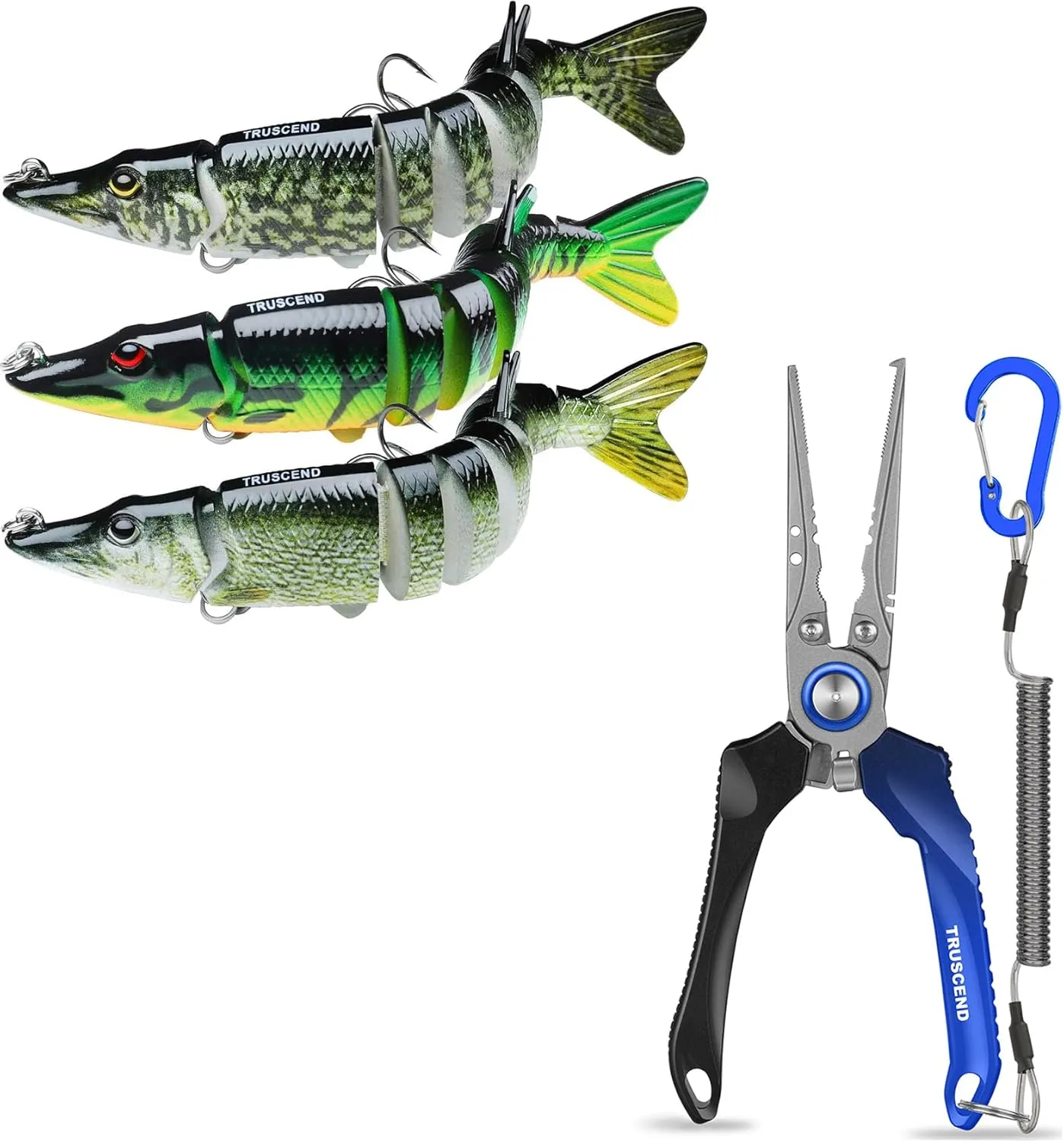 TRUSCEND Fishing Lures & Lockable Pliers for Freshwater & Saltwater, Multi-Jointed Bass Fishing Lure with Realistic Eyes & Aluminum Pliers