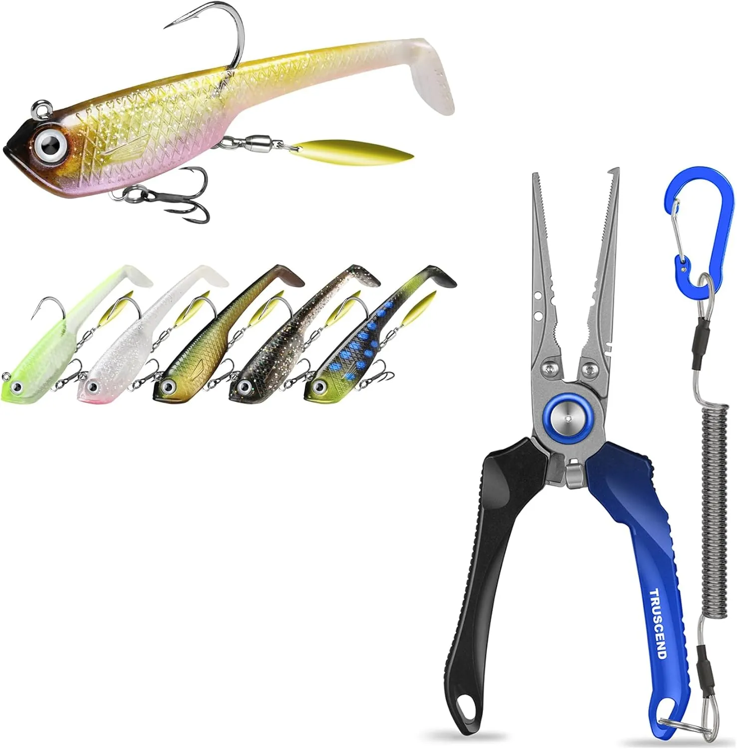 TRUSCEND Pre-Rigged Soft Fishing Lures, All-Conditions Fishing Gear for Bass Trout Walleye, Lockable Handy Fishing Pliers with Innovative Ergonomic Handle, Well-Made Lures for Family Fishing