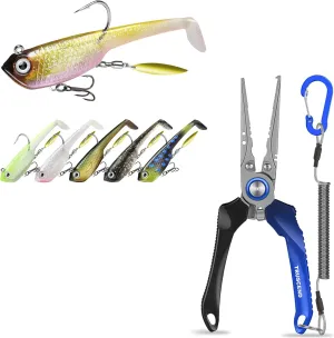 TRUSCEND Pre-Rigged Soft Fishing Lures, All-Conditions Fishing Gear for Bass Trout Walleye, Lockable Handy Fishing Pliers with Innovative Ergonomic Handle, Well-Made Lures for Family Fishing