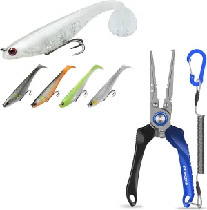 TRUSCEND Pre-Rigged Soft Fishing Lures, Great Action Swimbaits with Spinner, Lockable Handy Fishing Pliers with Ergonomic Handle, Suitable to Split Rings on 6#~1/0# Hooks, Fishing Gear Gifts