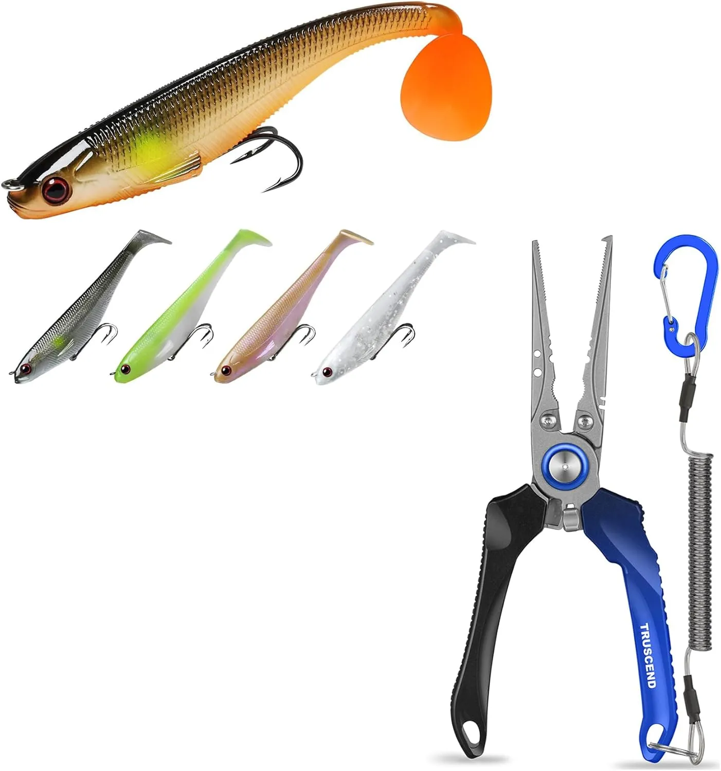 TRUSCEND Pre-Rigged Soft Fishing Lures, Well-Made Easy Catching Lures for Family Fishing, Lockable Handy Fishing Pliers with Innovative Ergonomic Handle, Amazing Fishing Gear Gifts
