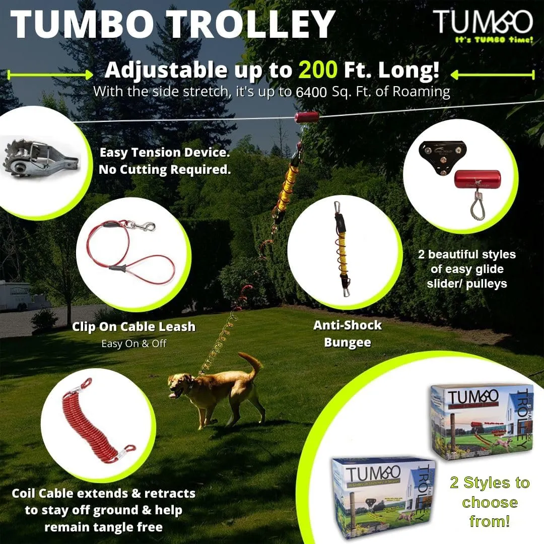 Tumbo Xtreme Trolley - Anti-Shock Aerial Dog Runner - Heavy Duty Pulley System - Best Backyard Zipline - 100ft / 150ft / 200ft