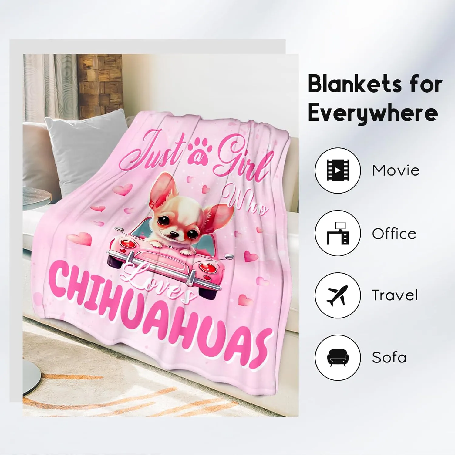 UNIKITTY Chihuahua Blanket Gifts, Chihuahua Blankets for Dog Lovers, 50"x60" Pink Girls Throw for Kids Room Decor, Kid Fleece Throws for Couch Sofa Bed, Animal Print Gift