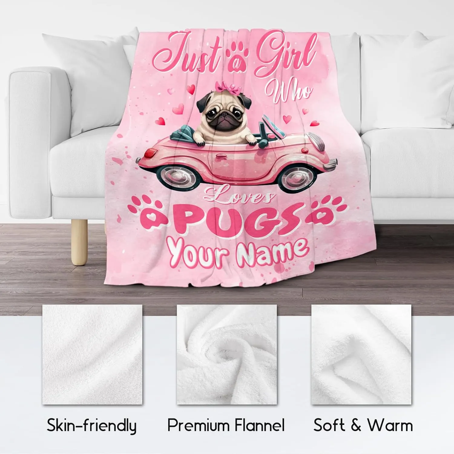 UNIKITTY Personalized Blanket for Girls, Custom Pug Gifts for Kids, Fleece Throw Pug Blankets Dog Room Decor, Gift Ideas for Daughter Mom Adults, 50"x60" Flannel Warm Kid Throws for Couch Sofa Bed