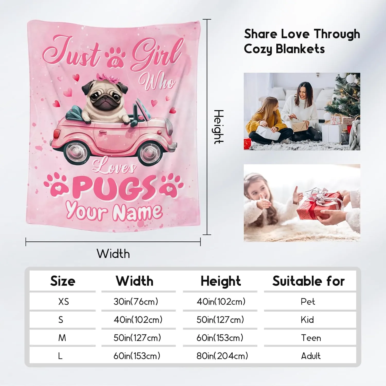 UNIKITTY Personalized Blanket for Girls, Custom Pug Gifts for Kids, Fleece Throw Pug Blankets Dog Room Decor, Gift Ideas for Daughter Mom Adults, 50"x60" Flannel Warm Kid Throws for Couch Sofa Bed