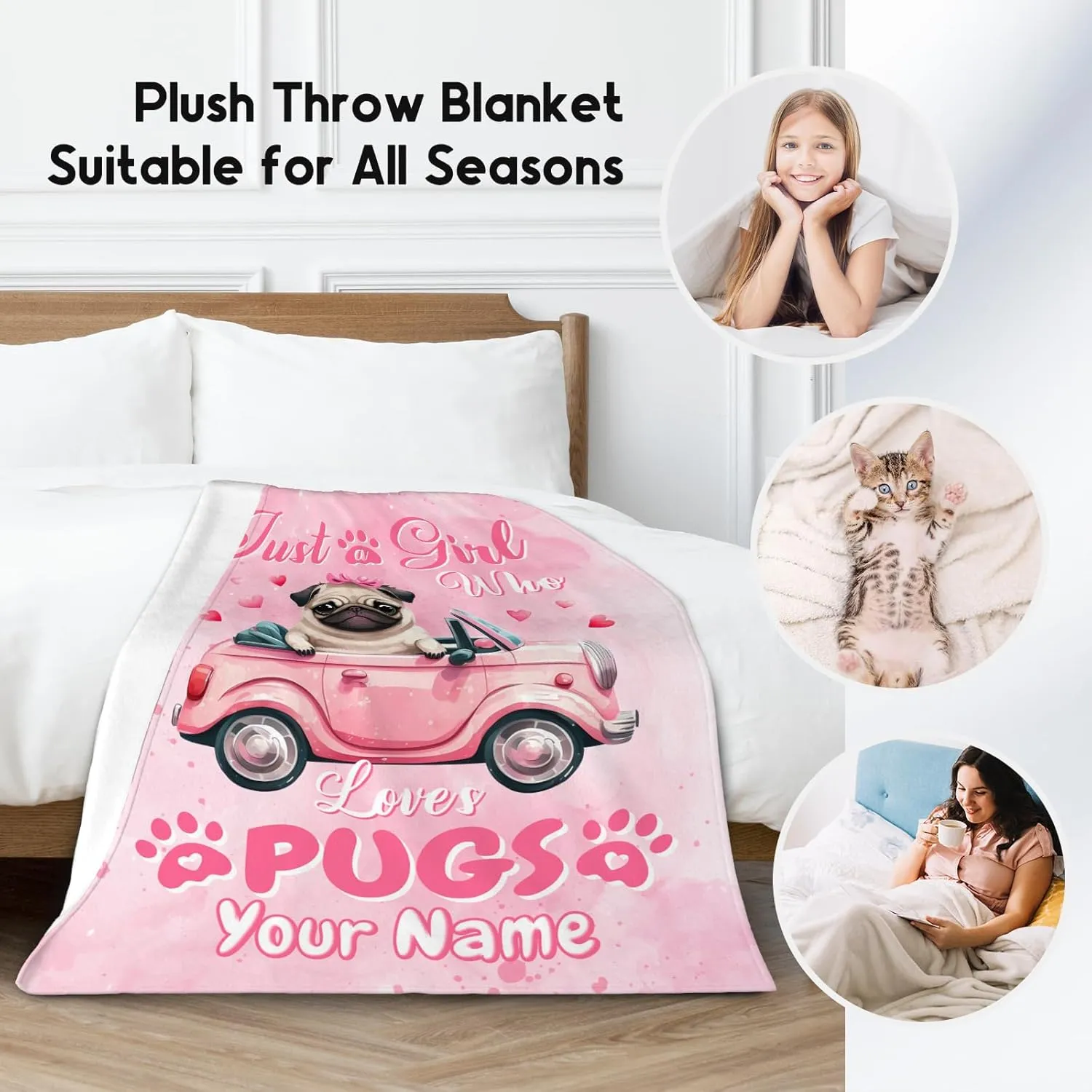 UNIKITTY Personalized Blanket for Girls, Custom Pug Gifts for Kids, Fleece Throw Pug Blankets Dog Room Decor, Gift Ideas for Daughter Mom Adults, 50"x60" Flannel Warm Kid Throws for Couch Sofa Bed