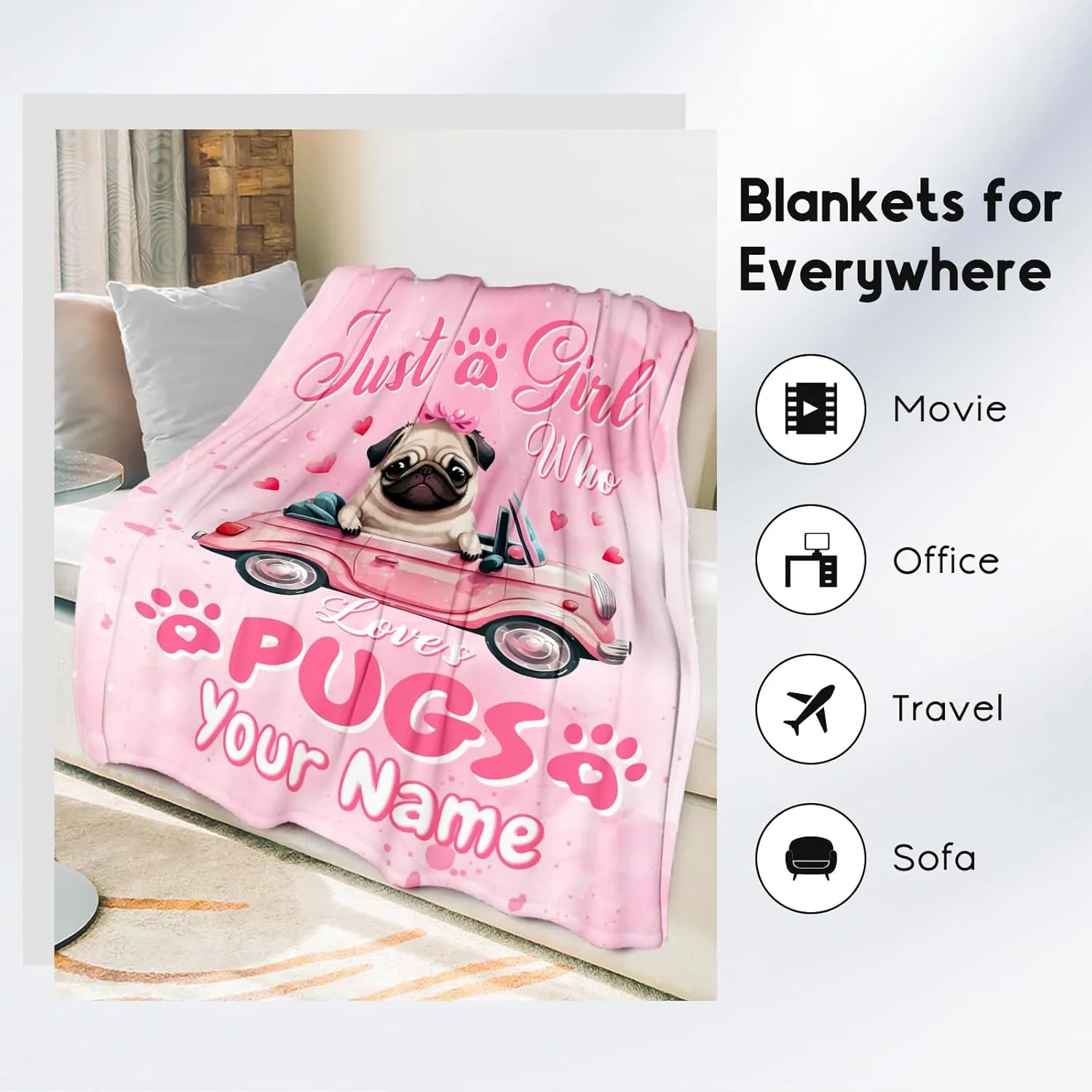 UNIKITTY Personalized Blanket for Girls, Custom Pug Gifts for Kids, Fleece Throw Pug Blankets Dog Room Decor, Gift Ideas for Daughter Mom Adults, 50"x60" Flannel Warm Kid Throws for Couch Sofa Bed