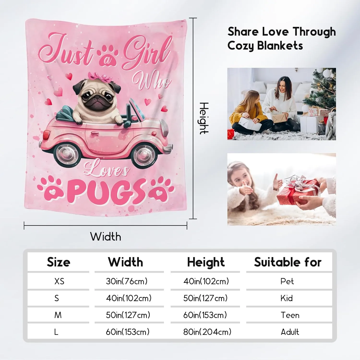 UNIKITTY Pug Gifts for Girls, Pug Blanket for Kids, Fleece Throw Dog Blankets Room Decor, Gift Ideas for Daughter Mom Adults, 50"x60" Flannel Warm Kid Throws for Couch Sofa Bed