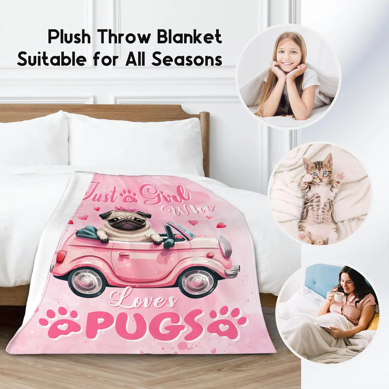 UNIKITTY Pug Gifts for Girls, Pug Blanket for Kids, Fleece Throw Dog Blankets Room Decor, Gift Ideas for Daughter Mom Adults, 50"x60" Flannel Warm Kid Throws for Couch Sofa Bed