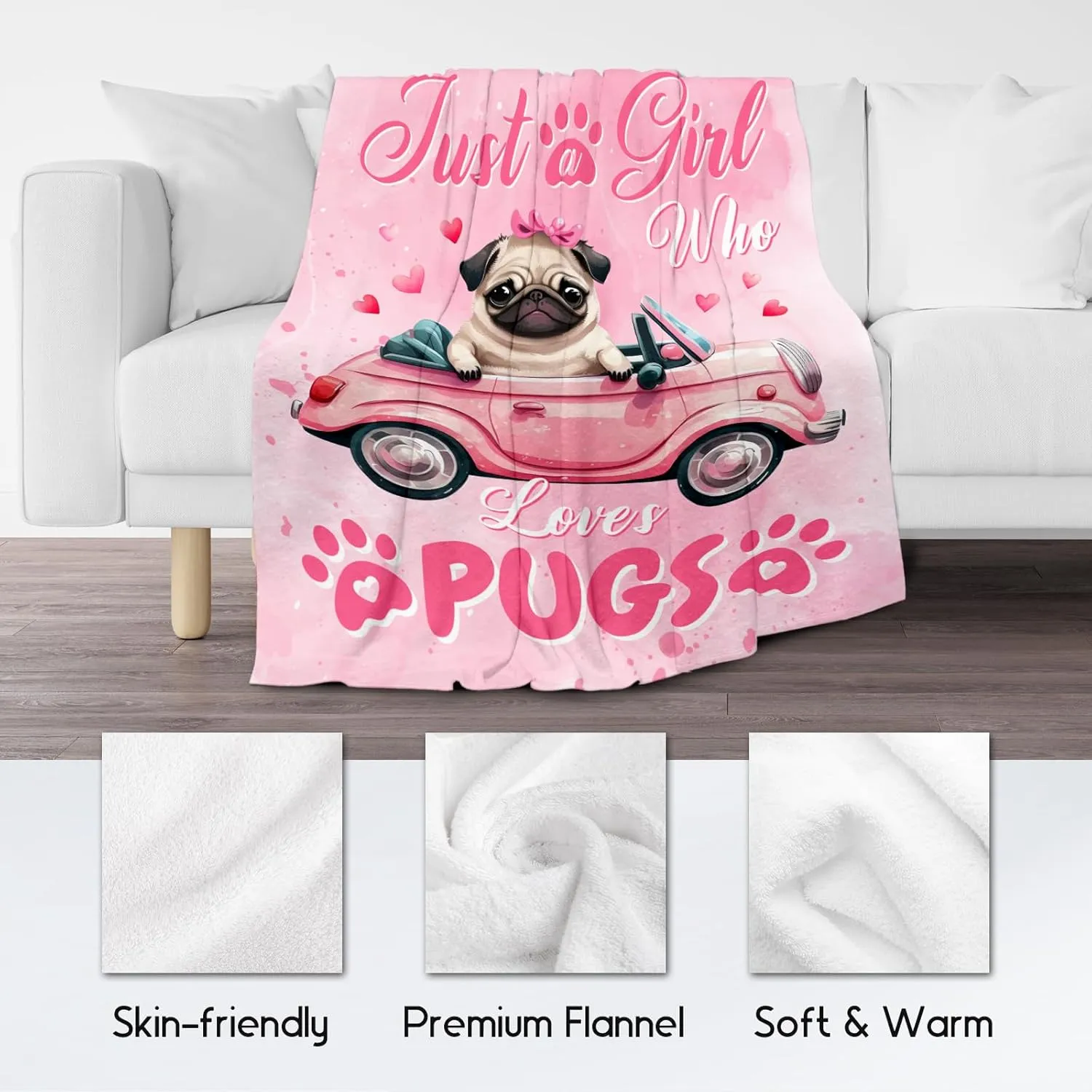 UNIKITTY Pug Gifts for Girls, Pug Blanket for Kids, Fleece Throw Dog Blankets Room Decor, Gift Ideas for Daughter Mom Adults, 50"x60" Flannel Warm Kid Throws for Couch Sofa Bed