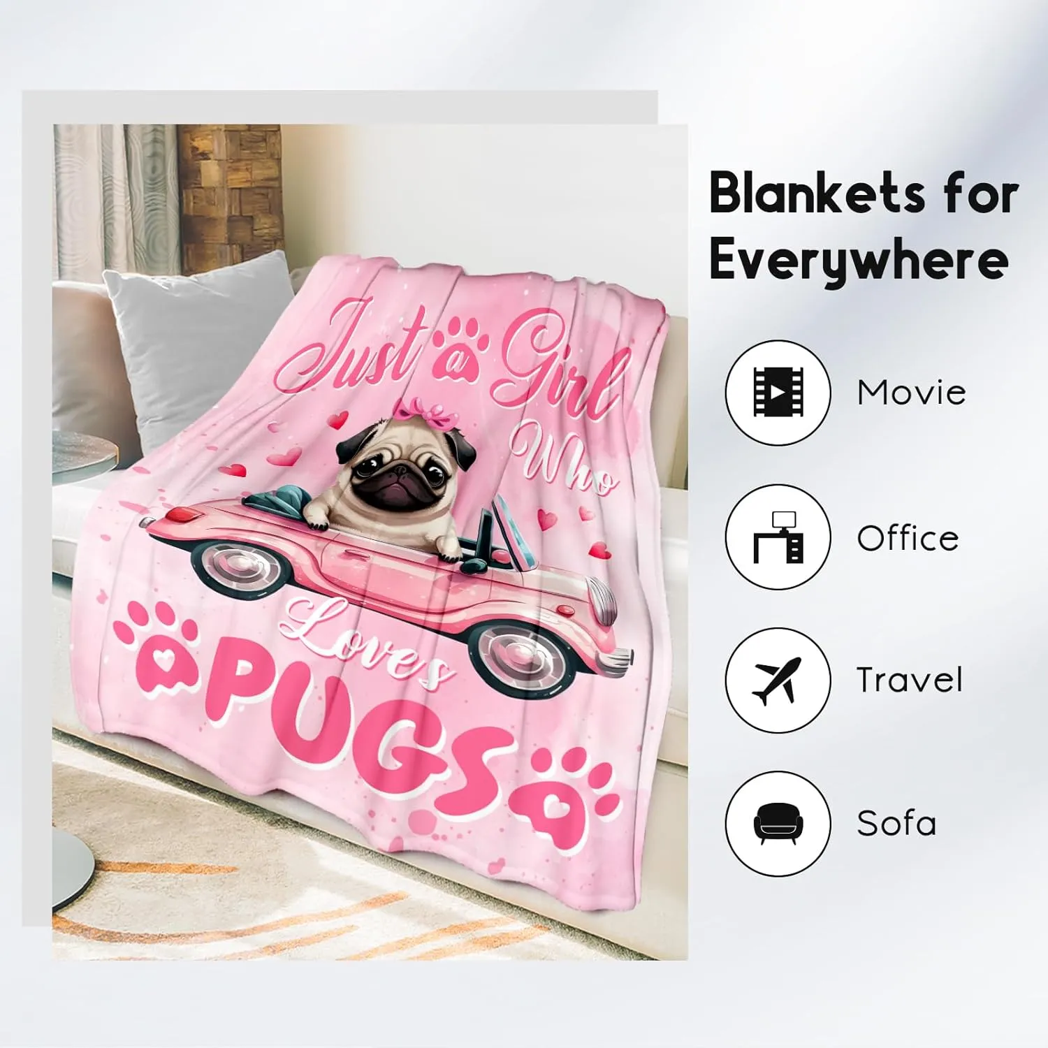 UNIKITTY Pug Gifts for Girls, Pug Blanket for Kids, Fleece Throw Dog Blankets Room Decor, Gift Ideas for Daughter Mom Adults, 50"x60" Flannel Warm Kid Throws for Couch Sofa Bed