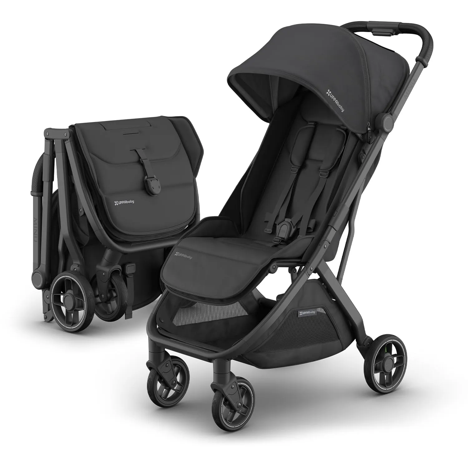 UPPAbaby Minu V3 Travel Stroller | Lightweight   Compact Design | One-Hand Fold   Unfold | from Birth   Overhead Compatible | Jake (Charcoal/Carbon Frame/Black Leather)
