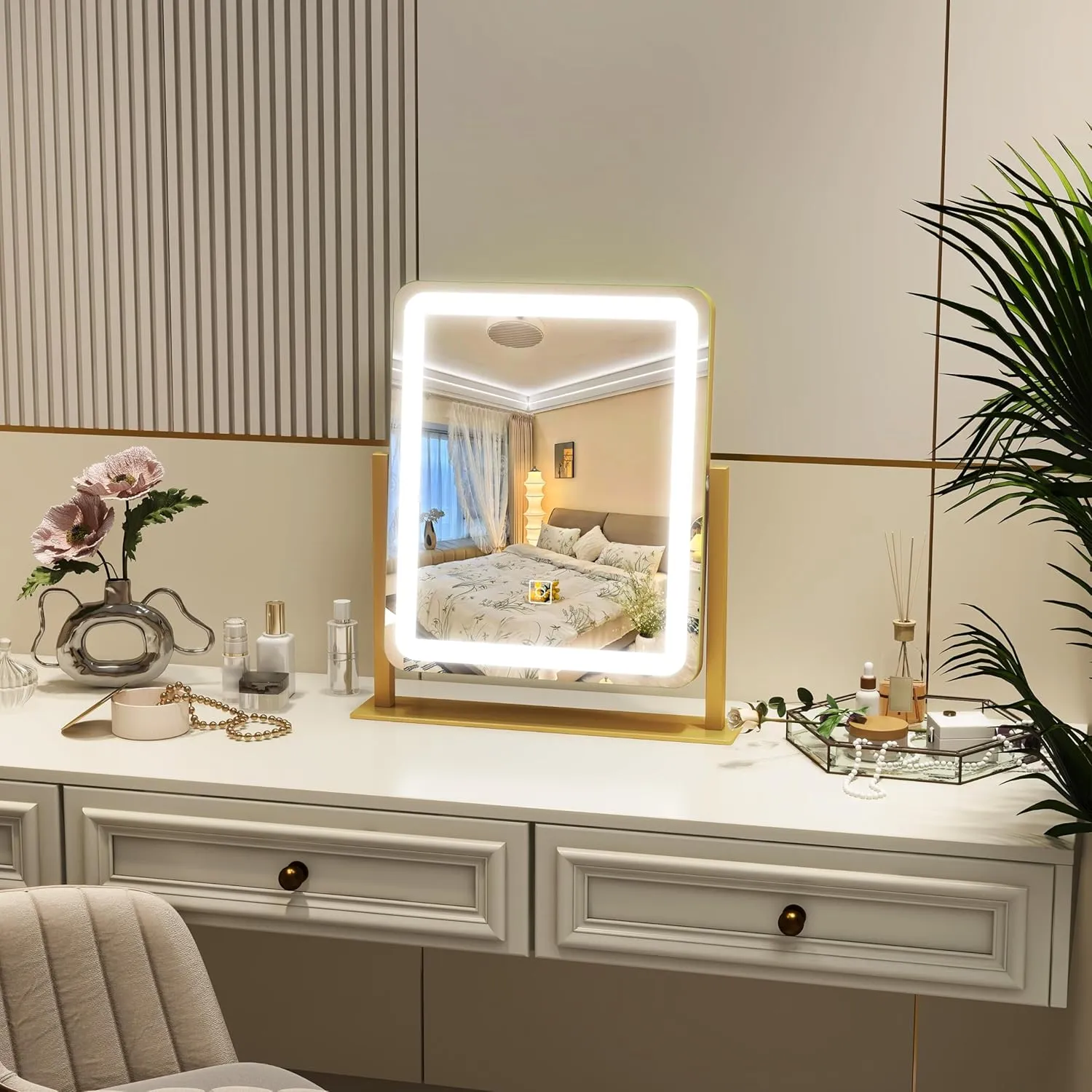 Vanity Mirror with Lights, 12.6"×15" LED Makeup Mirror, Lighted Makeup Mirror with Lights, Smart Touch Control Dimmable 3 Modes Light, Lighted Up Mirror for Makeup Desk, Gold