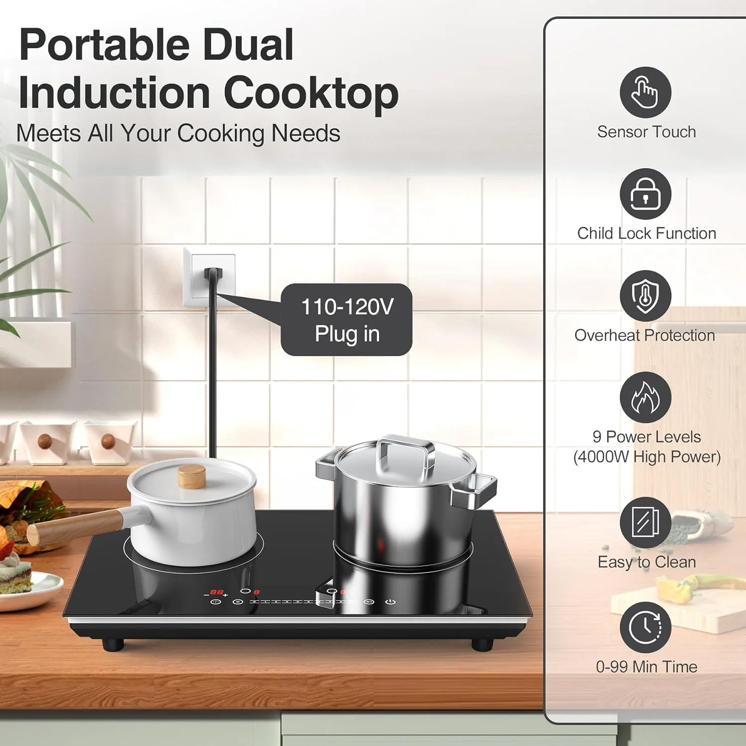 VBGK Double Induction Cooktop, 4000W Induction Stove Top 110V, 2 Burner with LCD Touch Screen, 9 Levels Settings, Child Safety Lock & Timer