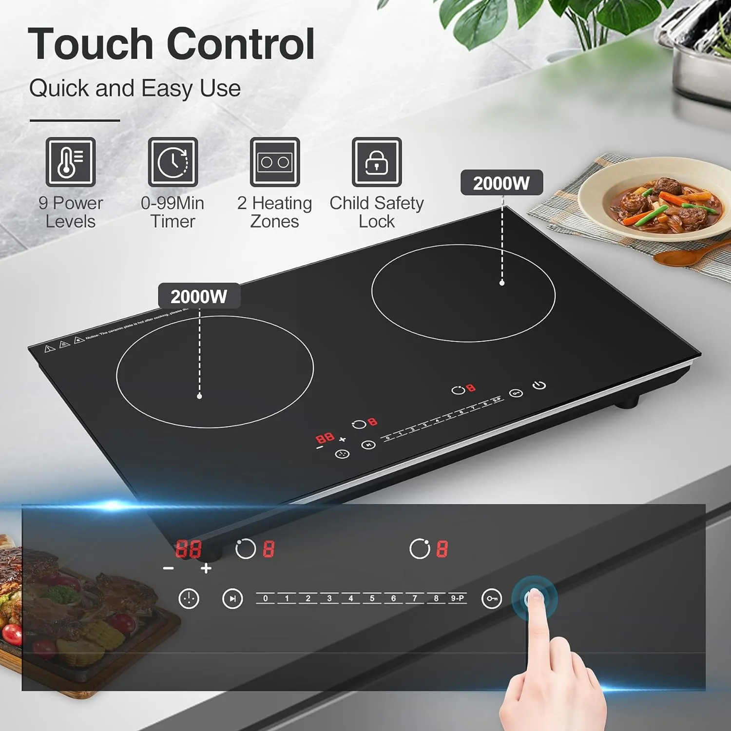 VBGK Double Induction Cooktop, 4000W Induction Stove Top 110V, 2 Burner with LCD Touch Screen, 9 Levels Settings, Child Safety Lock & Timer