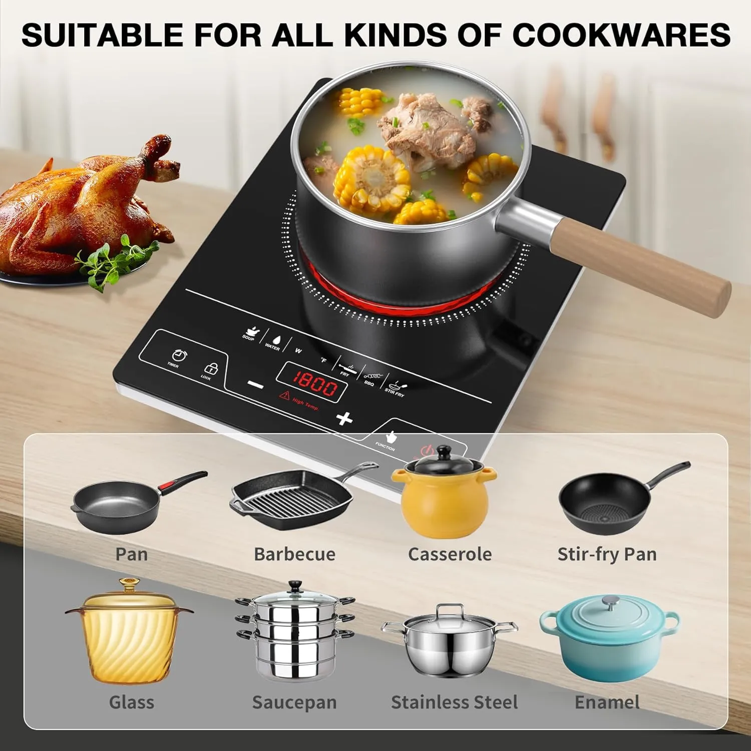 VBGK Single Burner Electric Cooktop,1800W Electric Stove Top Portable Cooktop LED Touch Control,8 Power Levels, Kids Lock &Timer,Overheat Protection,110V Hot Plates for Cooking