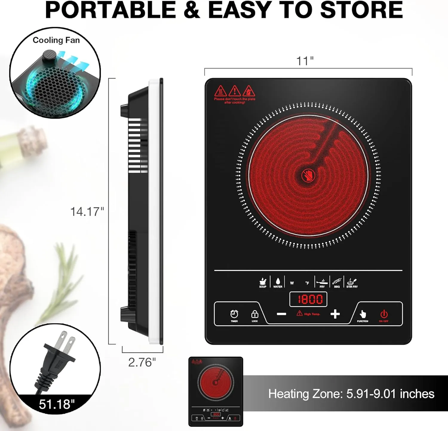 VBGK Single Burner Electric Cooktop,1800W Electric Stove Top Portable Cooktop LED Touch Control,8 Power Levels, Kids Lock &Timer,Overheat Protection,110V Hot Plates for Cooking