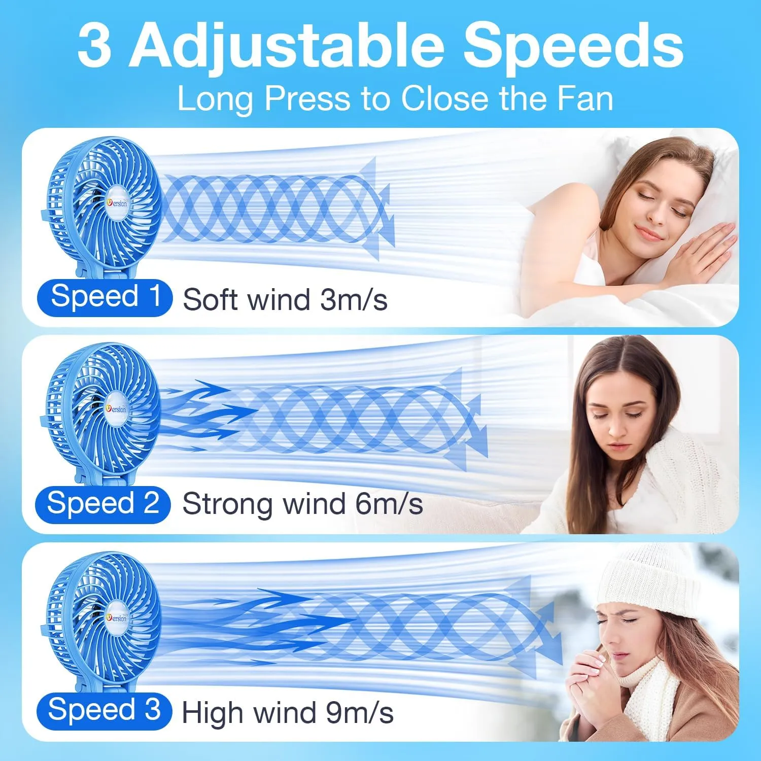 VersionTECH. Portable Handheld Fan, Powerful Durable 4000mAh 180° Foldable, Mini Table Fans with USB Rechargeable Battery Operated Cooling Accessories for Personal Use, Travel, Office Blue