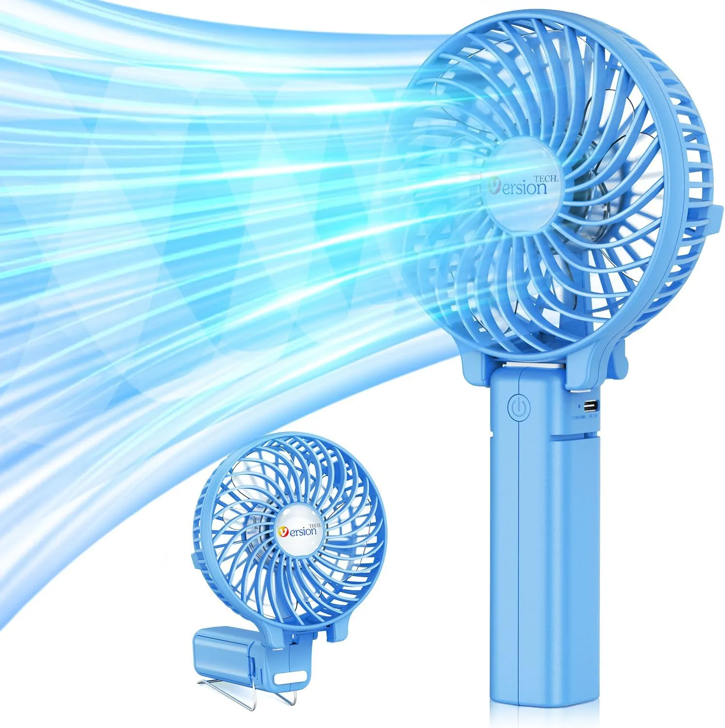VersionTECH. Portable Handheld Fan, Powerful Durable 4000mAh 180° Foldable, Mini Table Fans with USB Rechargeable Battery Operated Cooling Accessories for Personal Use, Travel, Office Blue