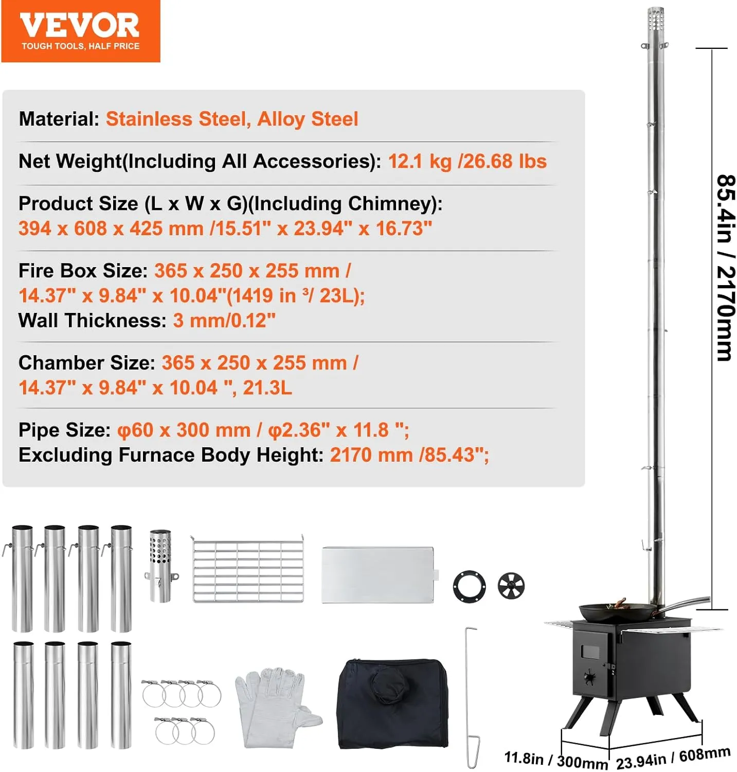 VEVOR Camping Wood Stove Alloy Steel Camping Tent Stove, Portable Wood Burning Stove with Chimney Pipes & Gloves, 1400in³Firebox Hot Tent Stove for Outdoor Cooking and Heating with 8 Pipes