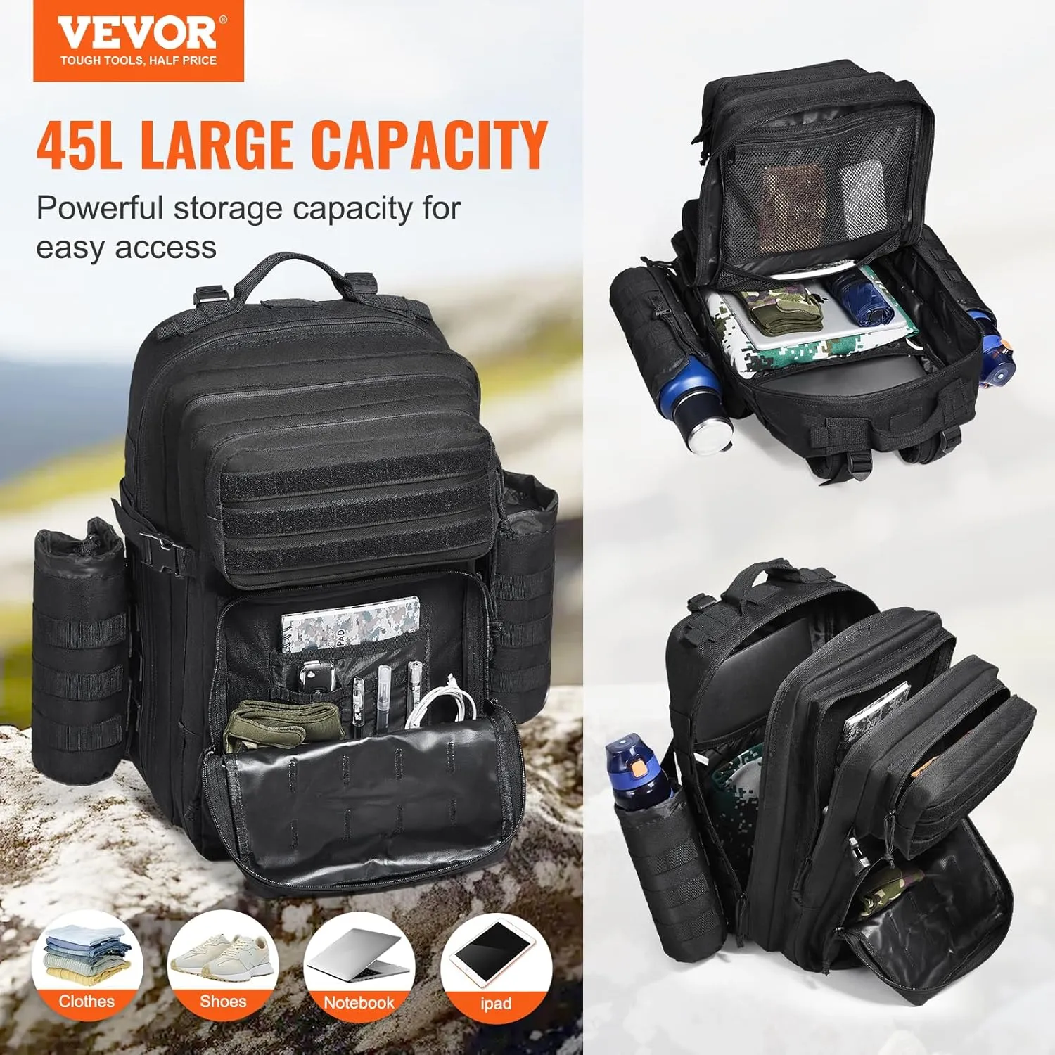 VEVOR Tactical Back pack, Military Back pack with Molle Design and Bottle Holder, 3-Day Assault Pack Waterproof for Men (3-Day Assault Pack with Bottle Holder, 45L)