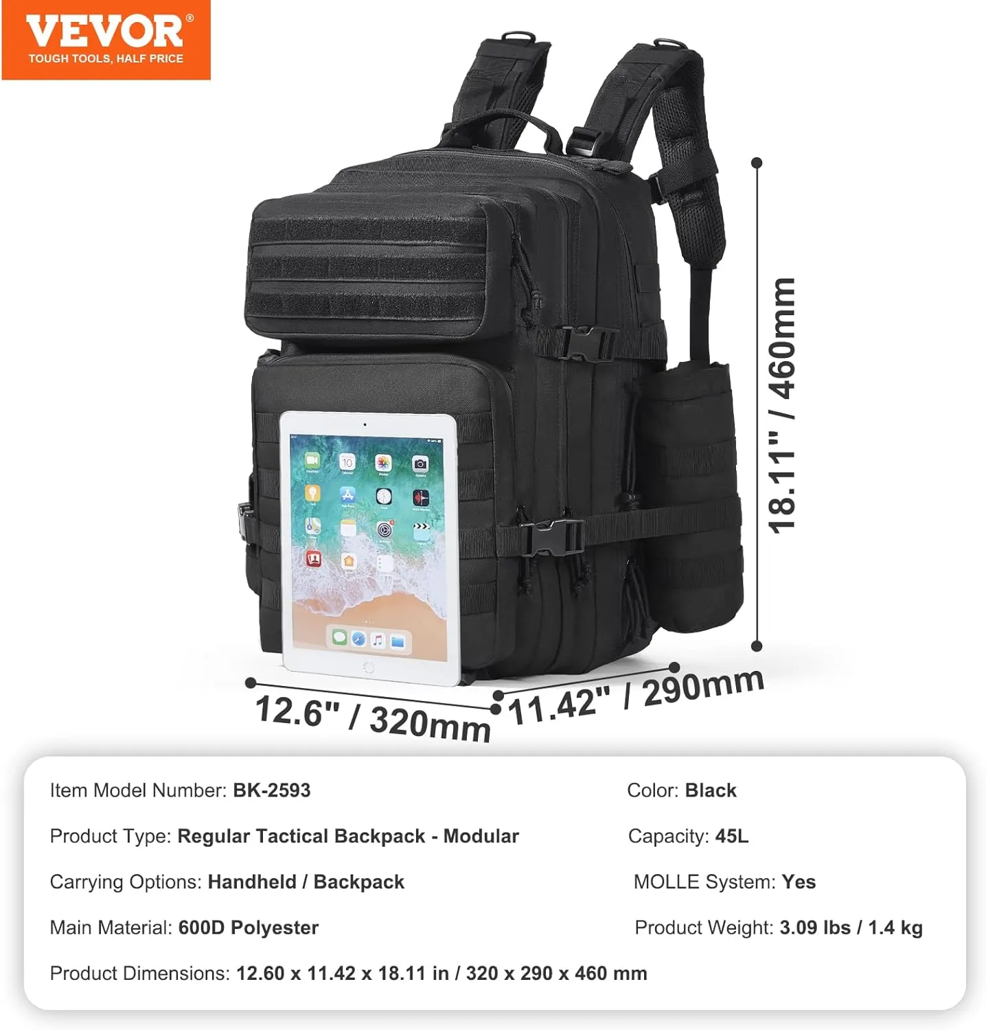 VEVOR Tactical Back pack, Military Back pack with Molle Design and Bottle Holder, 3-Day Assault Pack Waterproof for Men (3-Day Assault Pack with Bottle Holder, 45L)