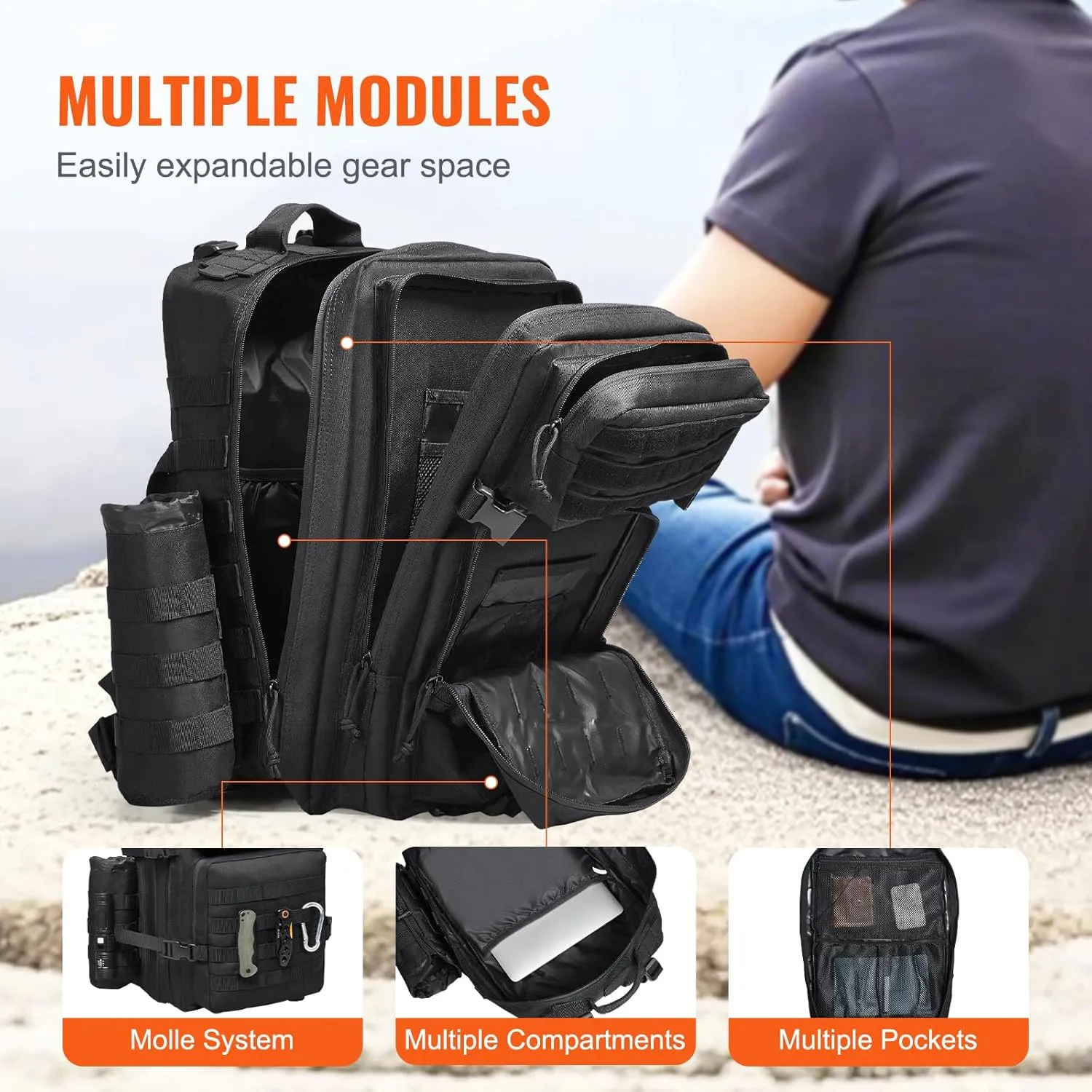 VEVOR Tactical Back pack, Military Back pack with Molle Design and Bottle Holder, 3-Day Assault Pack Waterproof for Men (3-Day Assault Pack with Bottle Holder, 45L)