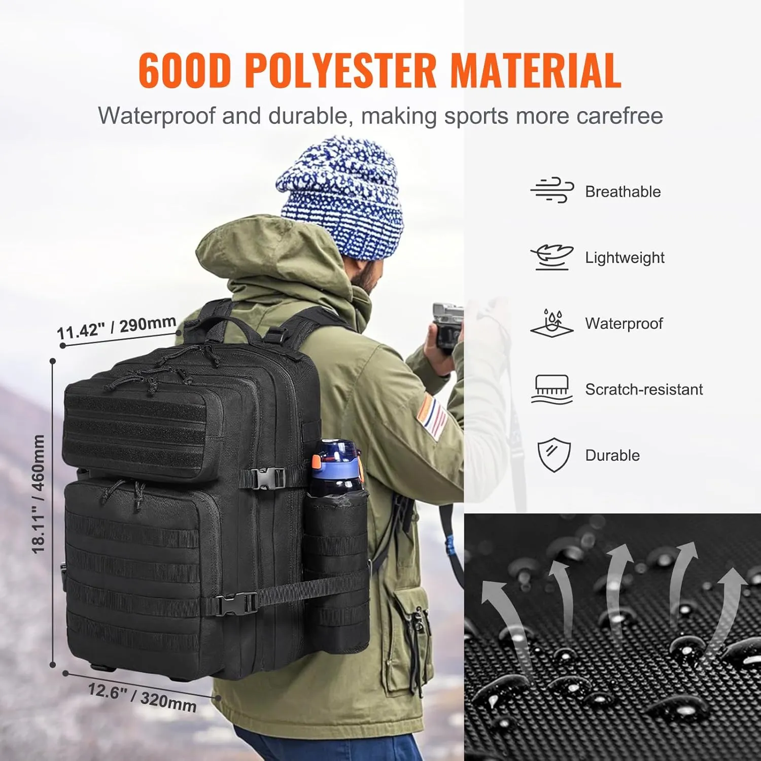 VEVOR Tactical Back pack, Military Back pack with Molle Design and Bottle Holder, 3-Day Assault Pack Waterproof for Men (3-Day Assault Pack with Bottle Holder, 45L)