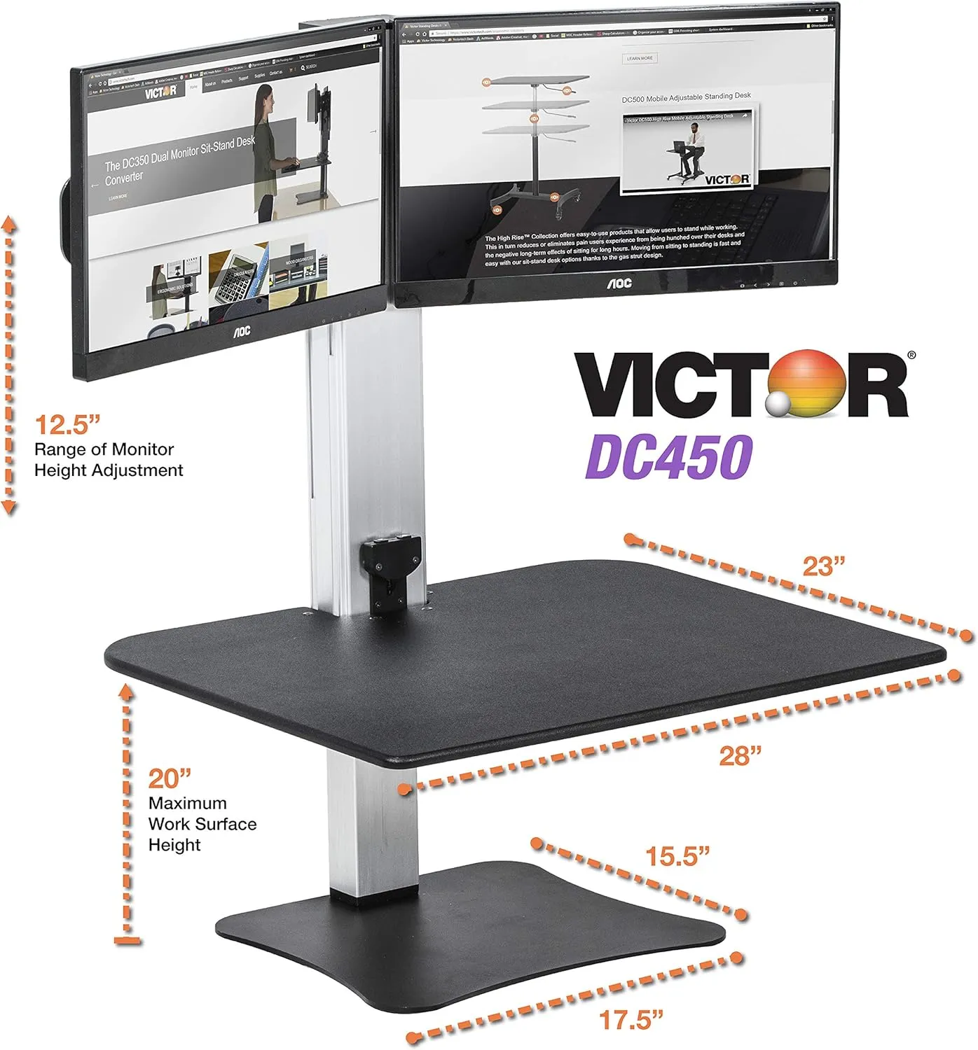 Victor DC450 Dual Monitor Electric Standing Desk, Black, 28 inch Wide Work Surface, Compatible with Any Standard Desk, Monitor Mount Included