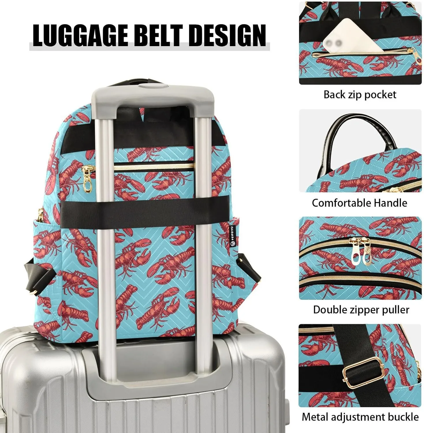VIGTRO Women Fashion Backpack Quilted Mini Purse Marine Red Crayfish, Lightweight Travel Casual Shoulder Backpack with Adjustable Straps Size M