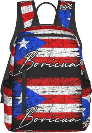 Vintage Puerto Rico Boricua Flag Pride Travel Backpacks Casual Laptop Backpack Sport Rucksack Large Capacity Daypack Multi-Pockets Adjustable Strap Bag for Working Hiking