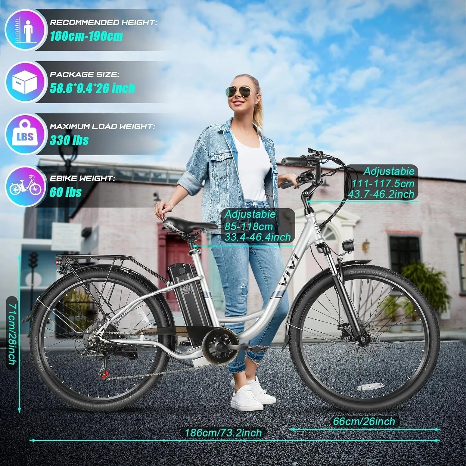 Vivi Electric Bike for Adults 750W Peak Ebike with Removable Battery, 26'' Electric Commuter Bike 22MPH & 50 Miles Adult Electric Bicycles with Cruise Control, LCD Display, UL 2849 Certified