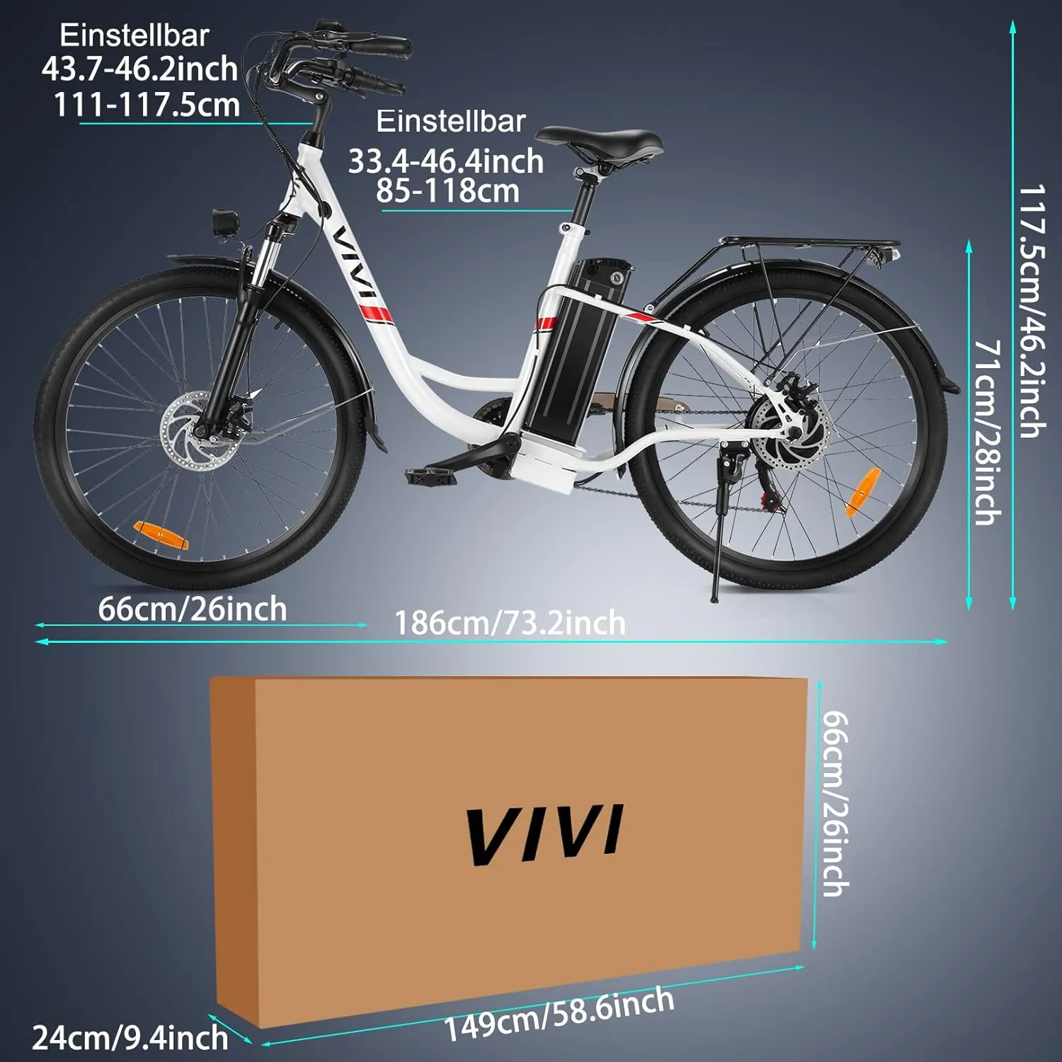 Vivi Electric Bike for Adults 750W Peak Ebike with Removable Battery, 26'' Electric Commuter Bike 22MPH & 50 Miles Adult Electric Bicycles with Cruise Control, LCD Display, UL 2849 Certified