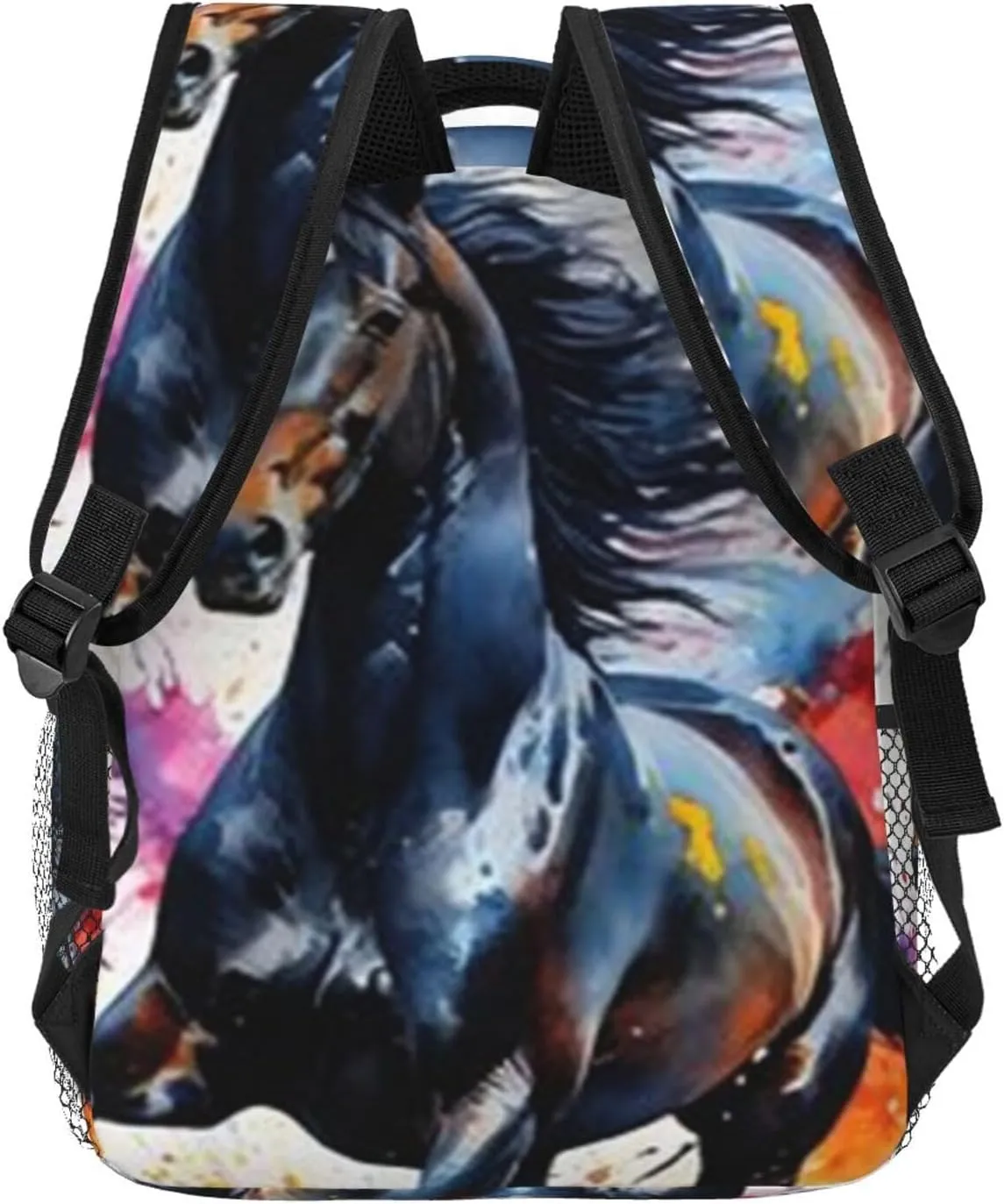 W-atercolor Horse Student Backpack With Adjustable Shoulder Straps And Cushioned Back For Comfort Black