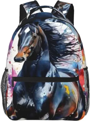 W-atercolor Horse Student Backpack With Adjustable Shoulder Straps And Cushioned Back For Comfort Black