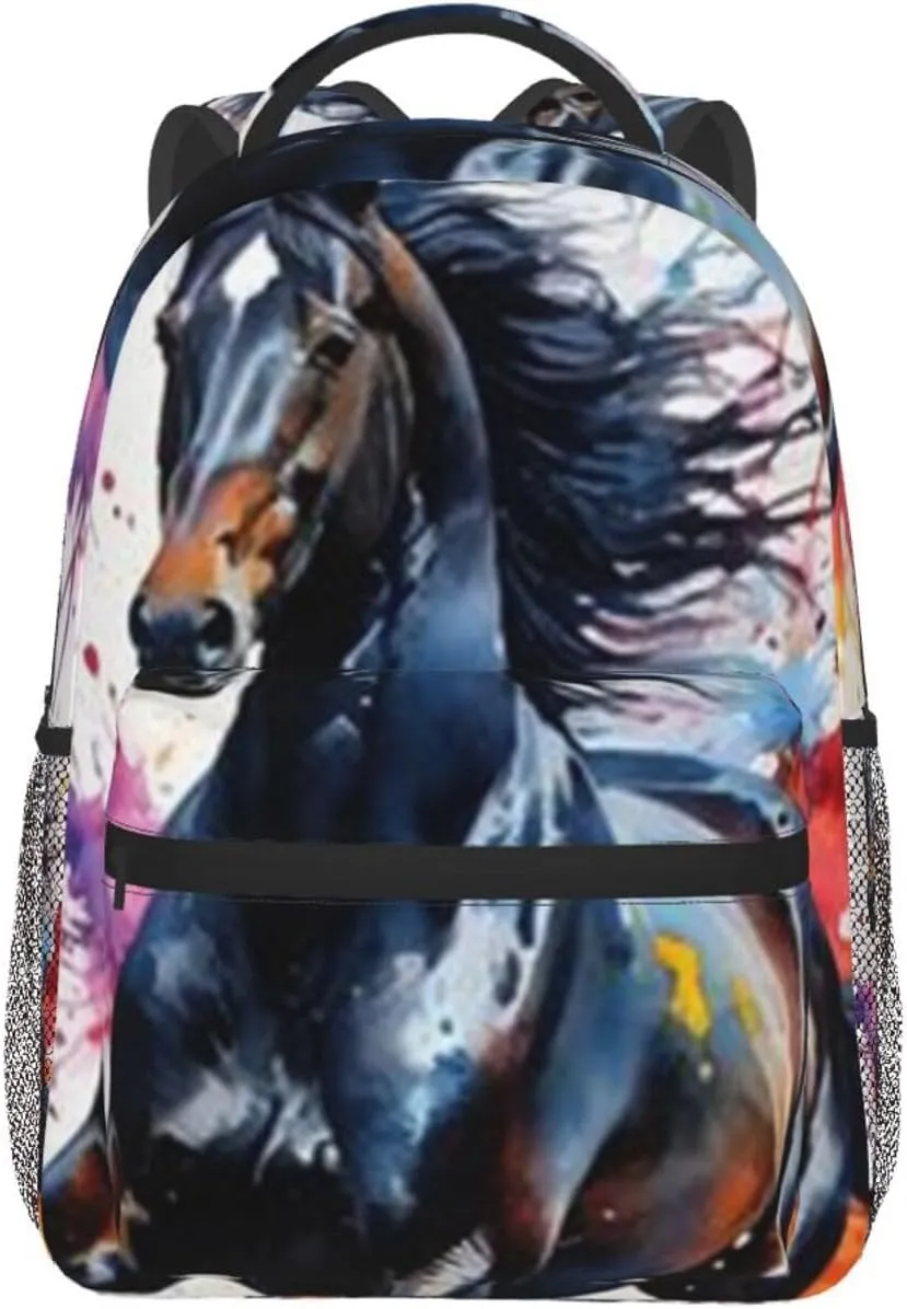 W-atercolor Horse Student Backpack With Adjustable Shoulder Straps And Cushioned Back For Comfort Black