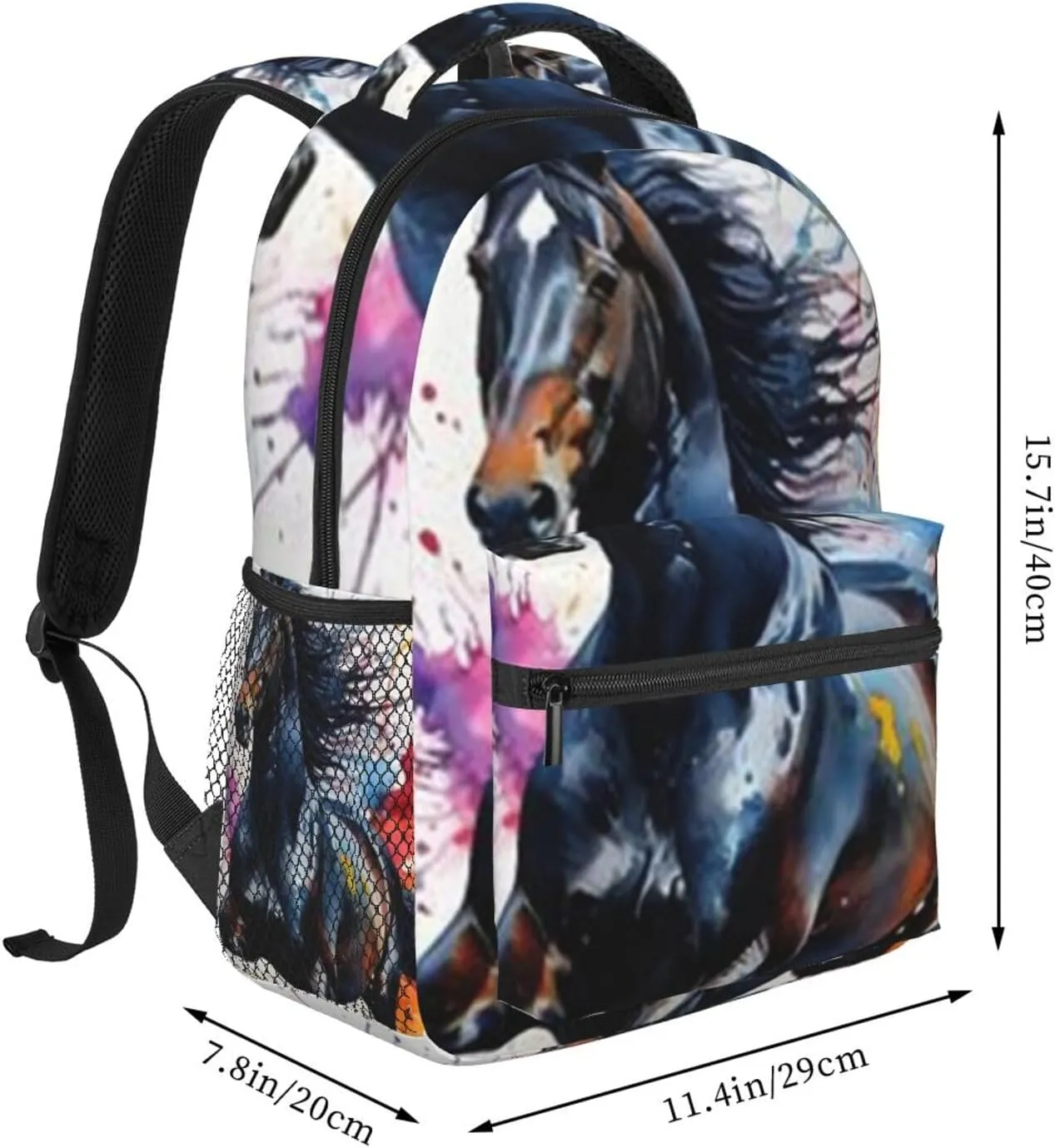 W-atercolor Horse Student Backpack With Adjustable Shoulder Straps And Cushioned Back For Comfort Black