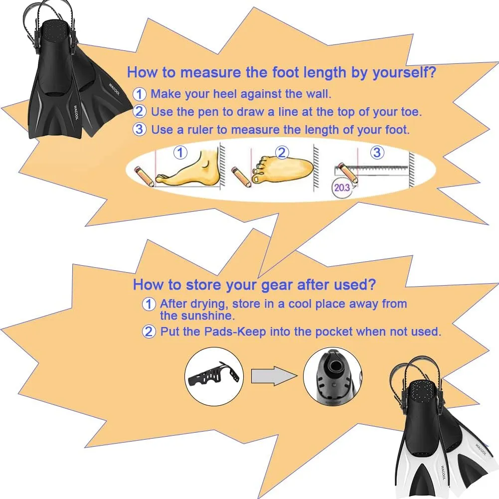 WACOOL Adult Short Light Adjustable Travel Size Fins Short Blade Fins Flippers for Snorkeling Diving Scuba Swimming Training (Black,L-XL)