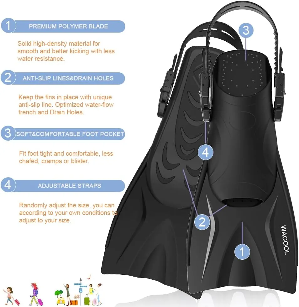 WACOOL Adult Short Light Adjustable Travel Size Fins Short Blade Fins Flippers for Snorkeling Diving Scuba Swimming Training (Black,L-XL)