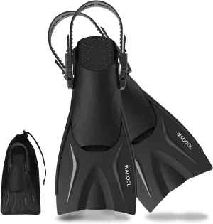 WACOOL Adult Short Light Adjustable Travel Size Fins Short Blade Fins Flippers for Snorkeling Diving Scuba Swimming Training (Black,L-XL)